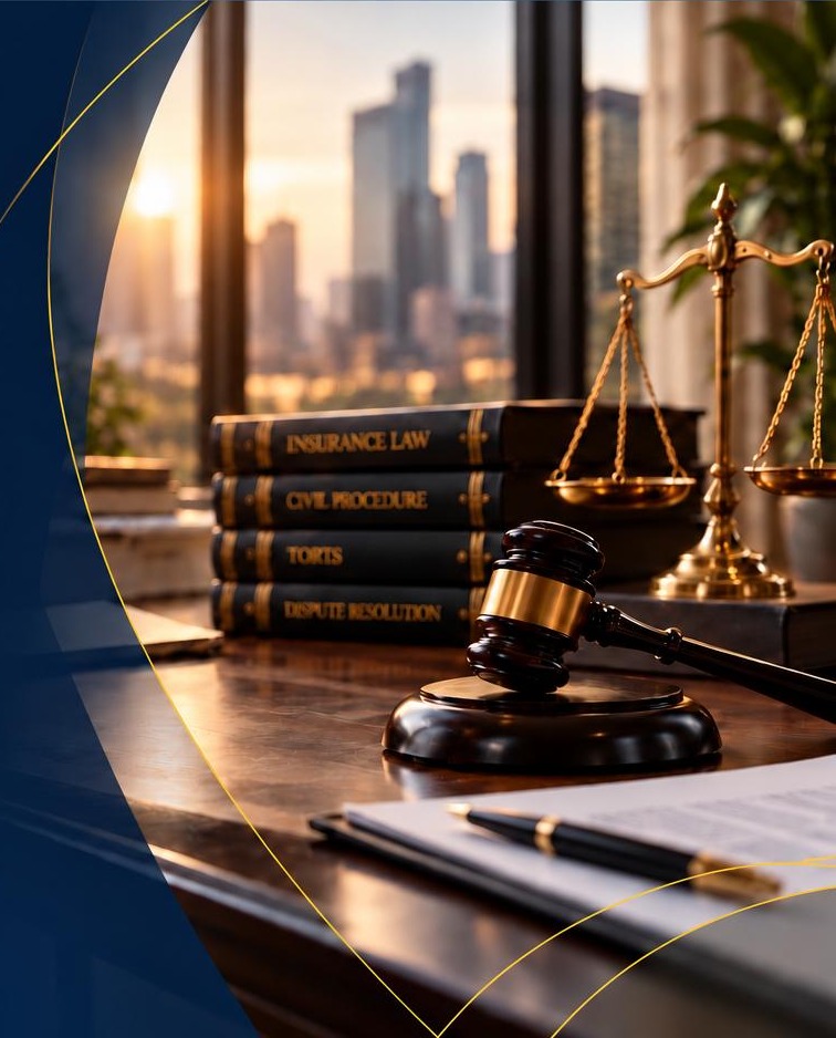 Law books, gavel and scales of justice beside a city window